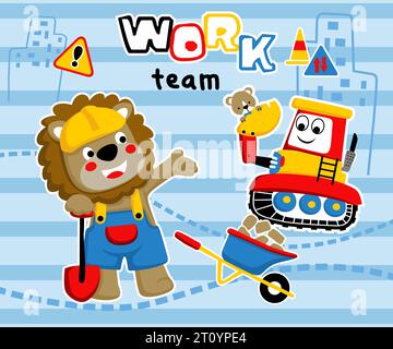 Illustration vectorielle de lion drôle en costume d'ouvrier tenant la pelle avec ours drôle sur le véhicule de construction. Dessin animé des éléments de construction Illustration de Vecteur