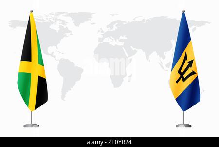 Drapeaux de la Jamaïque et de la Barbade pour la réunion officielle sur fond de carte du monde. Illustration de Vecteur