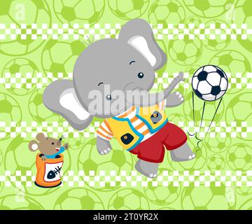 Dessin animé éléphant mignon jouant au football avec le rat dans des boîtes sur fond de motif sans couture de balles Illustration de Vecteur