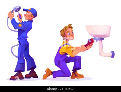 Les plombiers en uniforme réparent la plomberie de salle de bains. Services d'entretien et de réparation - un travailleur de sexe masculin avec un tournevis répare la pomme de douche, et un deuxième technicien avec une clé réglable fixe le tuyau sous l'évier. Illustration de Vecteur
