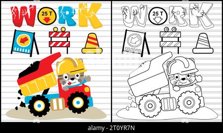 Livre de coloriage de chat mignon sur camion, dessin animé d'élément de construction Illustration de Vecteur