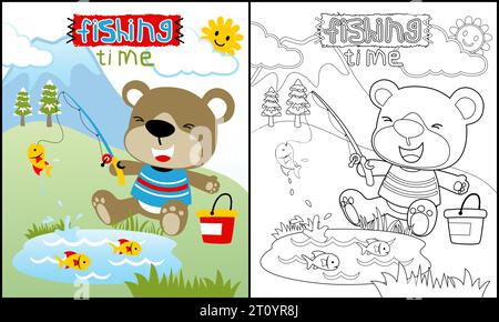 Livre de coloriage de pêche d'ours sur fond de montagne Illustration de Vecteur