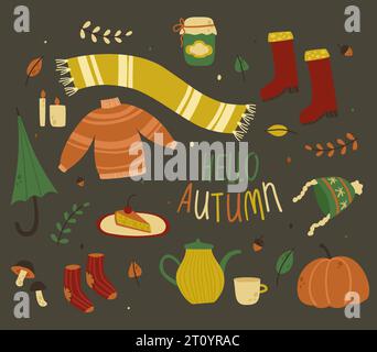 Icône d'automne et objets pour le design. Vêtements chauds, objets chauffants. Illustration vectorielle Illustration de Vecteur