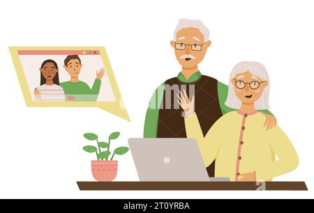 Heureux grands-parents a un appel vidéo avec leur petit-fils et sa mariée. Technologies modernes pour seniors. Illustration vectorielle Illustration de Vecteur