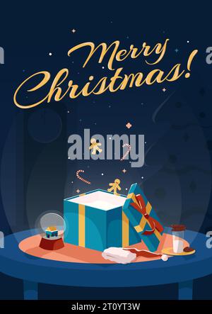 Noël et nouvel an. Une carte de Noël avec une boîte avec un cadeau, des bonbons, une boule à neige en verre, un sapin de Noël. Lait et biscuits pour le Père Noël. Vecto Illustration de Vecteur