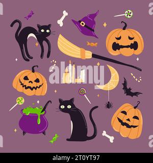 Icônes vectorielles et illustrations sur le thème de Halloween. Ensemble d'images : citrouilles, chats, potion, balai et chapeau de sorcière. Eléments de conception vectorielle pour cartes Illustration de Vecteur