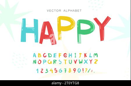 Alphabet primitif simple pour enfants, éléments de lettres dessinées à la main vectorielles. Police colorée pour votre conception. Pour les livres pour enfants, affiches, typographie de carte postale. Illustration de Vecteur