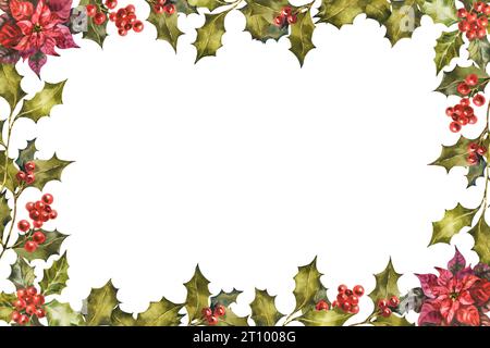 Cadre horizontal de Noël de houx et de branches de GUI avec des baies. Peinture aquarelle originale. Illustration florale pour la conception, l'impression, l'arrière-plan Banque D'Images
