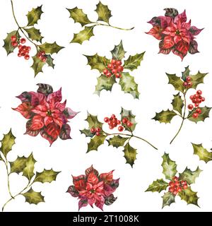 Aquarelle modèle sans couture de Noël avec poinsettia, houx et branches de GUI avec des baies. Fleurs de vacances peintes à la main isolées sur backgro blanc Banque D'Images