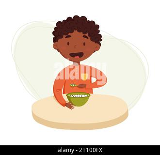 Mignon garçon noir africain ayant le petit déjeuner illustration vectorielle. L'enfant mange des flocons d'avoine avec du lait pour le petit déjeuner. Routine quotidienne. Calendrier. Illustration sur abst Illustration de Vecteur