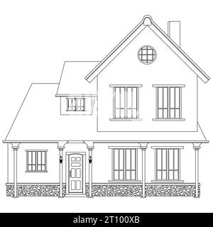 Contour maison de deux étages avec porche isolé sur fond blanc. Clipart vectoriel. Illustration de Vecteur