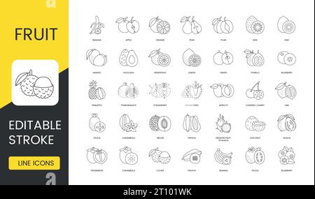 Icônes de ligne de fruits définies dans le vecteur, trait modifiable, banane et litchi, carambola et kakmon, papaye et melon, feijoa et citron, framboises et Illustration de Vecteur