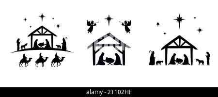 Ensemble de scène sainte de Noël, silhouettes de la Nativité chrétienne. Joseph, Marie et Jésus en crèche. La naissance du Christ, illustration vectorielle de nuit Sainte Illustration de Vecteur