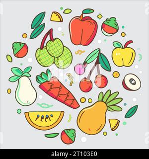 Ce vecteur représente une illustration mignonne de divers fruits brillants et charmants. Illustration de Vecteur