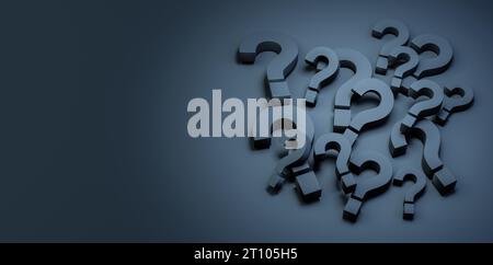 Pile de symboles noirs de point d'interrogation sur fond sombre. FAQ et temps de questions et réponses, point d'interrogation. espace de copie. Illustration 3D. Banque D'Images