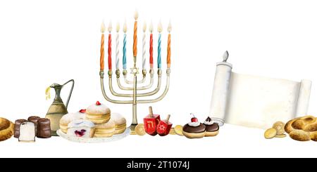 Aquarelle Hanukkah frontière horizontale sans couture avec menorah, beignets sufganiyot, dreidels, cruche d'huile d'olive et rouleau Torah Banque D'Images