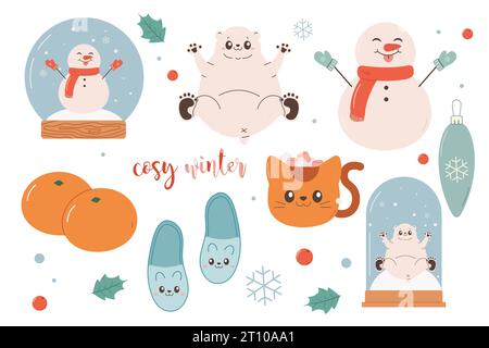 Cosy hiver set clipart, ours polaire, boule à neige, mandarines, bonhomme de neige, pantoufles. Illustration vectorielle Illustration de Vecteur