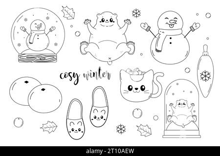 Cozy hiver linart set clipart, ours polaire, boule à neige, mandarines, bonhomme de neige, pantoufles. Illustration vectorielle Illustration de Vecteur