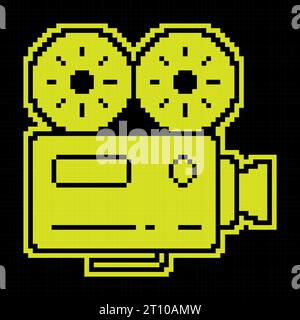 Pixel silhouette icône vieux caméscope. Filmer un film sur un instrument rétro. Enregistrement de film. Vecteur noir et jaune simple Illustration de Vecteur