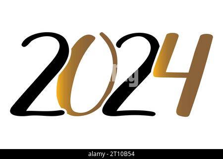2024 chiffres vectoriels calligraphiques manuscrits. Nombres isolés noirs et or sur fond blanc. Pour carte de voeux, carte postale, invitation, web Illustration de Vecteur