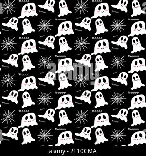 Mignon motif vectoriel sans couture Halloween avec des fantômes, boo, toile d'araignée sur fond noir, illustration éditable, design plat Illustration de Vecteur