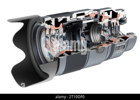 Coupe transversale de la vue de l'objectif de la caméra, rendu 3D isolé sur fond blanc Banque D'Images