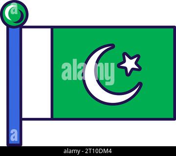 Drapeau de la nation du pays du Pakistan sur le vecteur de mât. Étoile et croissant sur le champ vert foncé et bande blanche verticale à l'ascenseur sur la république islamique symbolique Illustration de Vecteur