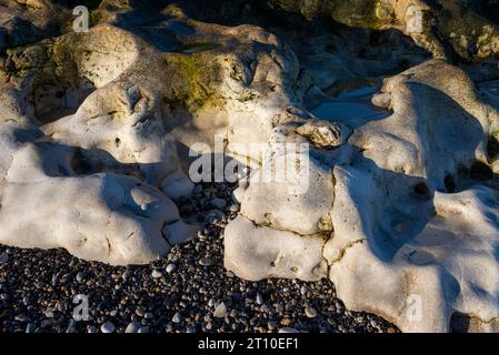 Roches altérées sur la plage de Penmon point, Anglesey, au nord du pays de Galles. Banque D'Images