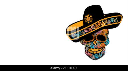 Tête de crâne mexicaine avec sombrero. Jour des morts et Halloween fond coloré Banque D'Images