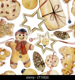 Illustration à l'aquarelle dessinée à la main. Biscuits sablés faits maison, pain d'épice, cadeau artisanal, pomme de pin, ornement de Noël. Motif sans couture isolé sur Banque D'Images