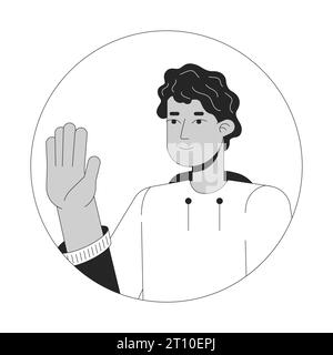 Latino jeune homme disant bonjour illustration d'avatar vectoriel 2D noir et blanc Illustration de Vecteur