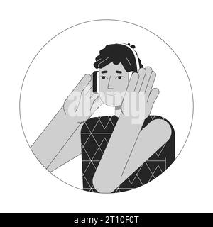 Casque hispanique Guy noir et blanc illustration d'avatar vectoriel 2D. Illustration de Vecteur