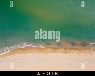 Une vue aérienne de haut en bas d'une plage de sable et de la mer est une vue à couper le souffle, révélant la beauté naturelle de la côte d'un seul et unique RCO Banque D'Images