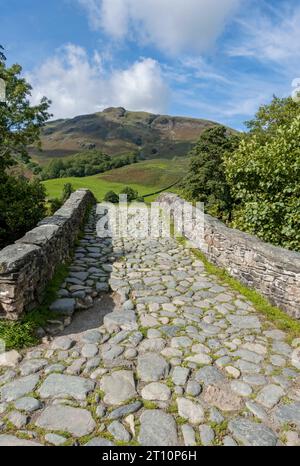 Nouveau pont sur la rivière Derwent sur la Cumbria Way en été Rosthwaite Borrowdale Lake District National Park Cumbria Angleterre Royaume-Uni Banque D'Images