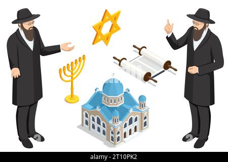 Hanukkah, fête juive. Judaïsme isométrique symboles religieux des fêtes juives. Hanukkah menorah, David Star, torah et dreidel, rabbin, synagogue Illustration de Vecteur