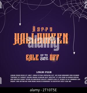 Joyeuse toile d'araignée d'Halloween et texte orange avec vecteur de conception d'affiche de vente Giant Eyeball Halloween. Illustration de Vecteur