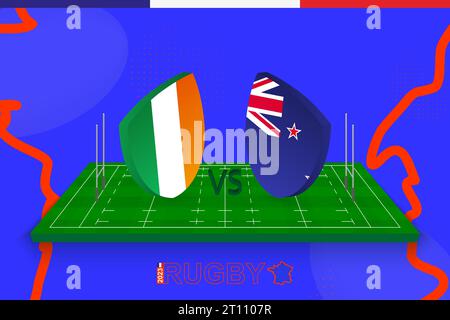 Équipe de rugby Irlande vs Nouvelle-Zélande sur le terrain de rugby. Stade de rugby sur fond abstrait pour quart de finale du championnat international. Modèle vectoriel Illustration de Vecteur