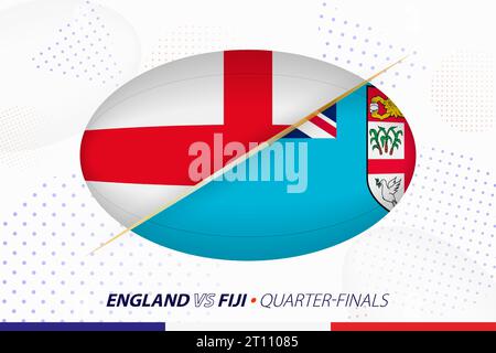 Match de quart de finale de rugby entre l'Angleterre et Fidji, concept de tournoi de rugby. Drapeaux vectoriels stylisés en forme de boule ovale. Illustration de Vecteur