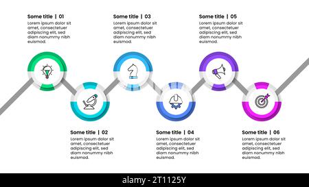 Modèle infographique avec icônes et 6 options ou étapes. Ligne en zigzag. Peut être utilisé pour la mise en page de flux de travail, diagramme, bannière, webdesign. Illustration vectorielle Illustration de Vecteur