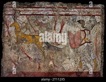 Tombe de fresque lucanienne, les ruines de Paestum sont célèbres pour leurs trois temples grecs antiques dans l'ordre dorique 550 à 450 av. J.-C. Banque D'Images