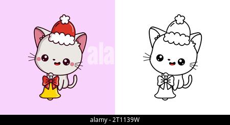 Kawaii Xmas White Cat multicolore et Noir et blanc. Magnifique chaton de Noël clip Art. Illustration de Vecteur