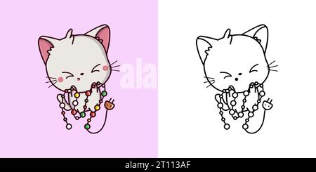 Kawaii New Year White Cat Clipart multicolore et Noir et blanc. Mignon chaton de Noël Kawaii. Illustration de Vecteur