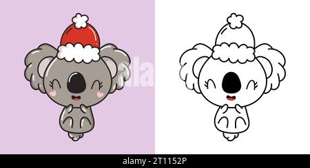 Set Clipart Christmas Koala Bear Coloriage page et Illustration colorée. Kawaii Xmas Animal. Illustration de Vecteur