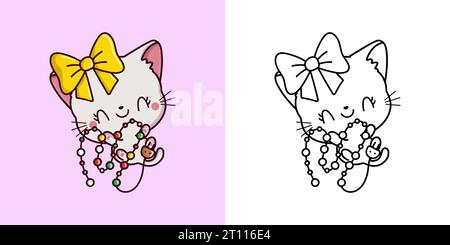 Kawaii New Year White Cat Clipart multicolore et Noir et blanc. Mignon chaton de Noël Kawaii. Illustration de Vecteur