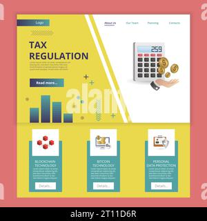 Modèle de site Web de page de destination plate de réglementation fiscale. Technologie blockchain, technologie bitcoin, protection des données personnelles. Bannière Web avec en-tête Illustration de Vecteur