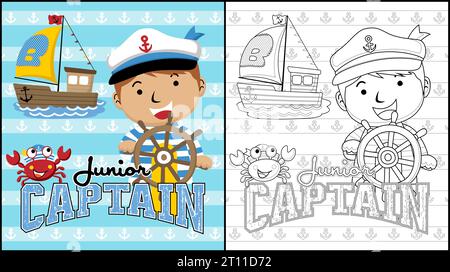 Livre de coloriage de garçon de bande dessinée en costume de marin tenant le volant avec crabe et voilier Illustration de Vecteur