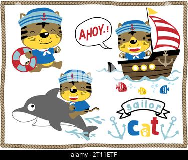 Ensemble de vecteur de dessin animé petit chat en uniforme de marin, animaux marins et voilier, éléments de voile sur la frontière de cadre de corde Illustration de Vecteur