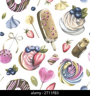 Gâteaux aux brownies, beignets, guimauves, sucettes, fraises et bleuets. Illustration à l'aquarelle dessinée à la main. Motif sans couture sur un blanc Banque D'Images