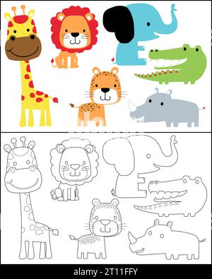 Ensemble vectoriel de dessin animé d'animaux de safari, livre de coloriage ou page Illustration de Vecteur