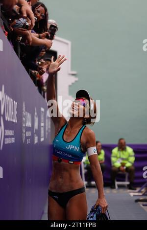 9 octobre 2023, Tlaxcala, Mexique : Miki Ishii (1 ans) de l’équipe japonaise célèbre le match féminin Japon contre Italie de la coupe du monde de Beach volley. Le 9 octobre 2023 à Tlaxcala, Mexique. (Photo de Essene Hernandez/Eyepix Group/Sipa USA) Banque D'Images